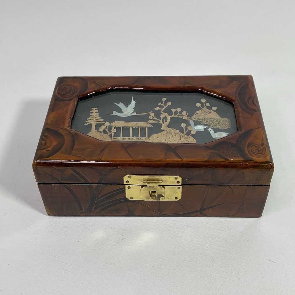 VTG Carved Crane Glazed Wooden Jewelry Trinket Box Red Lining Republic of China
